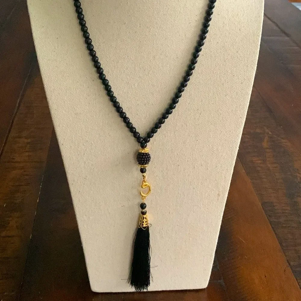 Black Bead Gold Tone Tassel Necklace Long Art Deco Flapper Style